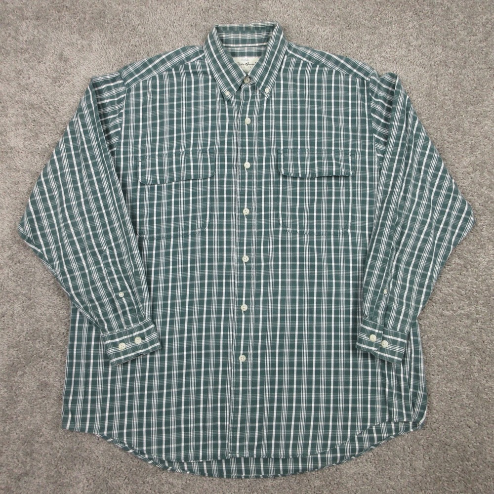 Eddie Bauer Shirt Mens Medium Green Plaid Two Flap Pocket Workwear Button Up